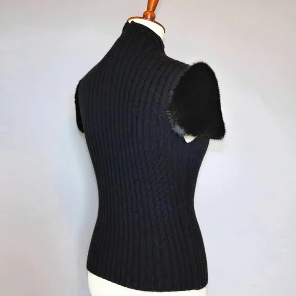 Valentino Black Cashmere Wool Sweater Genuine Fur Short Sleeve Mock neck Top